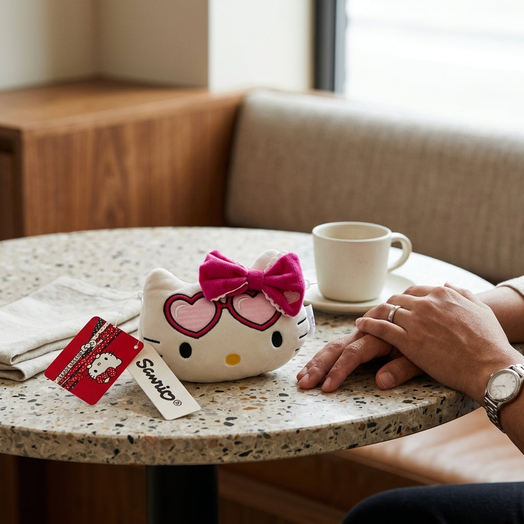 Monedero Hello Kitty de Peluche - Cartera de Mano con Lentes de Corazón