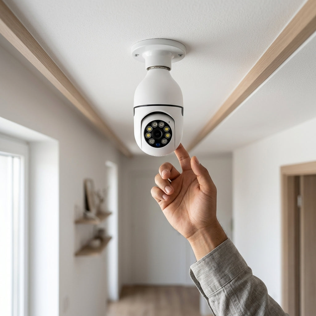 Cámara de Seguridad Foco WiFi 360° Full HD – Vigilancia Inteligente con Visión Nocturna y Audio Bidireccional