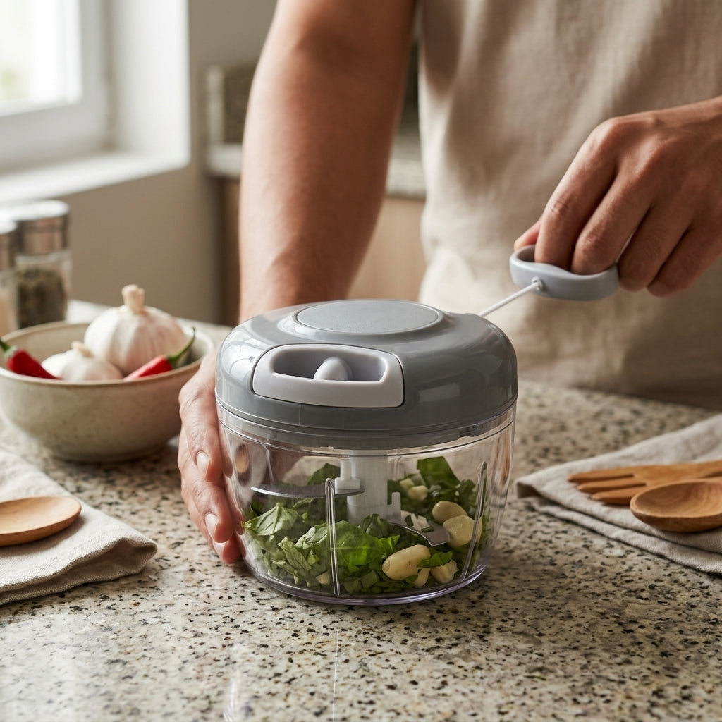 Picador de Verduras Manual a Cuerda - Procesador con 3 Cuchillas